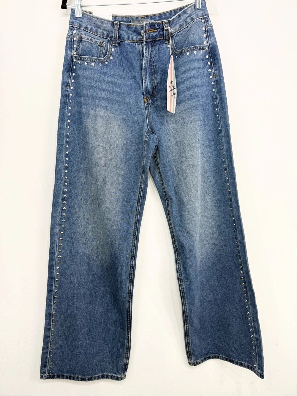Cali 1850 Blue Medium Wash Silver Studded Wide Leg High Rise Denim Jeans NEW - Picture 5 of 16